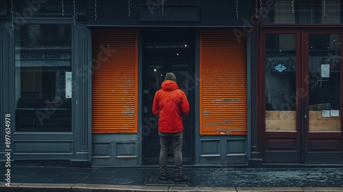 Person standing in front of a closed business, symbolizing the impact of unemployment and economic downturn on local communities © Mars0hod