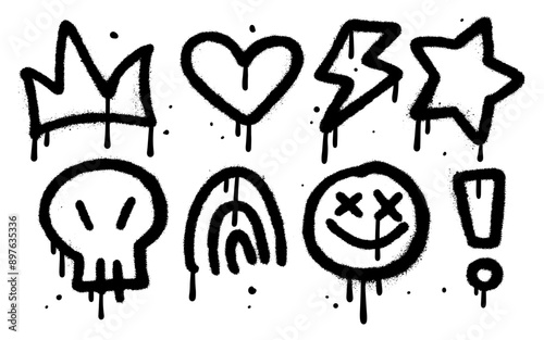 Urban street graffiti element set, sticker kit, spray ghetto prints collection. Gangster tattoo kit, underground can hip-hop sign, crown, heart, smile, skull silhouette, arrow. Isolated Vector icons