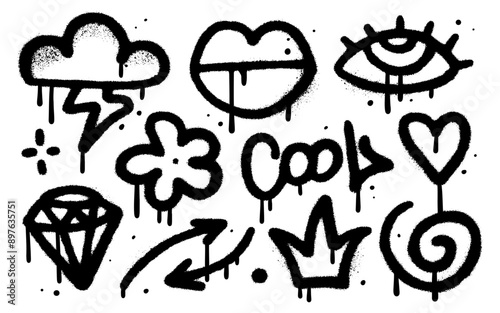 Set of black graffiti sprayed elements. Simple symbols, eye, crown, arrow, star, eye diamond, flower, lips with spray texture. Vector elements for banner, decoration, street art and ads.