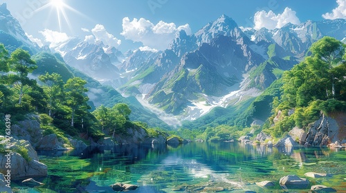 A majestic, sunlit mountain range, with rugged peaks and lush, verdant forests, their beauty reflected in a clear, tranquil alpine lake below, creating a serene and picturesque scene Watercolor