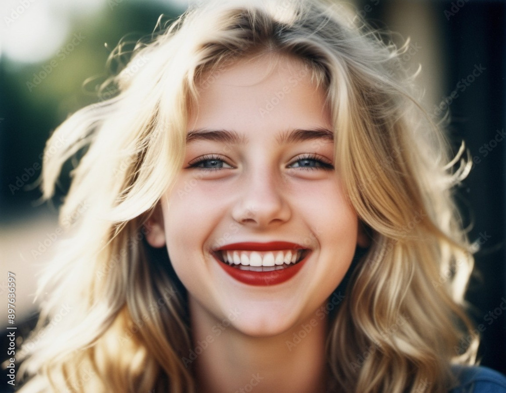 girl 18-22 years old with long blonde hair smiles brightly while outdoors. She wearing red lipstick and her hair is slightly windblown. Sunny weather. Portrait of happy joyful young Caucasian woman AI girl 18-22 years old with long blonde hair smiles brightly while outdoors. She wearing red lipstick and her hair is slightly windblown. Sunny weather. Portrait of happy joyful young Caucasian woman AI