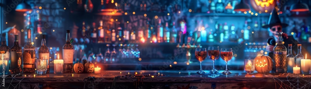 A spooky-themed bar area at a Halloween party, with a bartender dressed as a zombie, serving drinks in skull-shaped glasses, and eerie decorations like floating candles and spider webs A spooky-themed bar area at a Halloween party, with a bartender dressed as a zombie, serving drinks in skull-shaped glasses, and eerie decorations like floating candles and spider webs