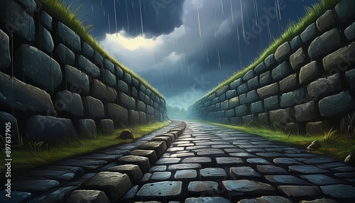 Stone wall in the rainy season