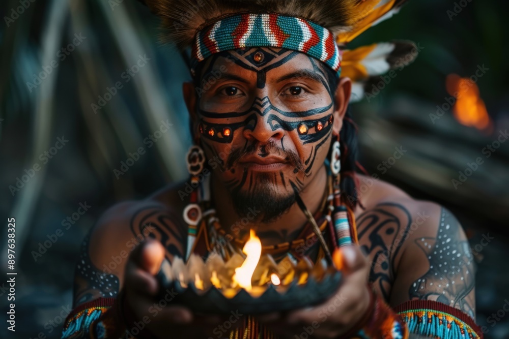 An indigenous person adorned in traditional attire with intricate body paint, holding a ceremonial bowl with a flame, set against a natural outdoor backdrop during twilight. An indigenous person adorned in traditional attire with intricate body paint, holding a ceremonial bowl with a flame, set against a natural outdoor backdrop during twilight.