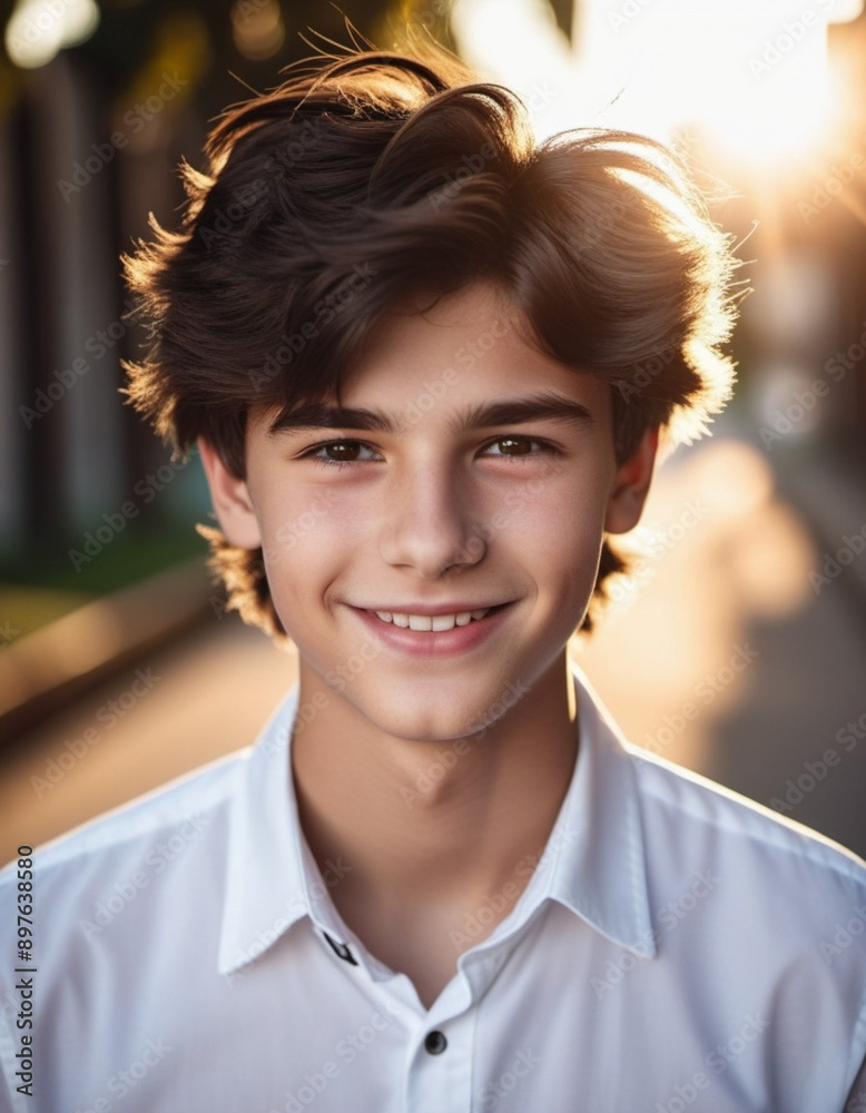 Portrait of young Caucasian teenage boy with dark black hair and brown eyes, smiling warmly at the camera. He is wearing a crisp white shirt and is standing outdoors. Sunny weather. AI generated Portrait of young Caucasian teenage boy with dark black hair and brown eyes, smiling warmly at the camera. He is wearing a crisp white shirt and is standing outdoors. Sunny weather. AI generated