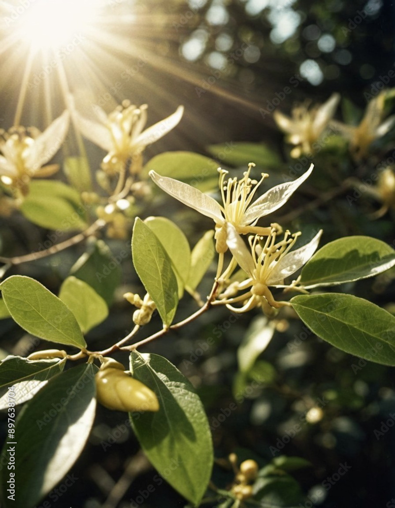 Obraz premium Honeysuckle blooms in the garden. White and yellow flowers of Lonicera Caprifolium against of green leaves. Floriculture and horticulture. Arching shrubs or twining vines in the family Caprifoliaceae