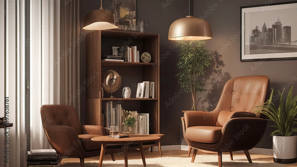 Obraz premium Modern retro home decor with stylish living room with armchair, wooden bookcase,