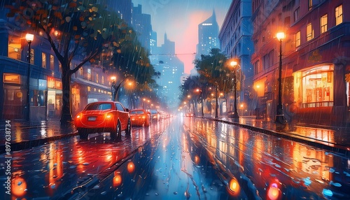 Lights and lighting in a rainy city