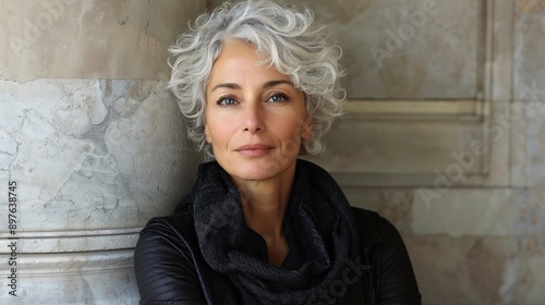 A woman with short, gray, curly hair is leaning against a stone wall. She is wearing a black jacket with a scarf