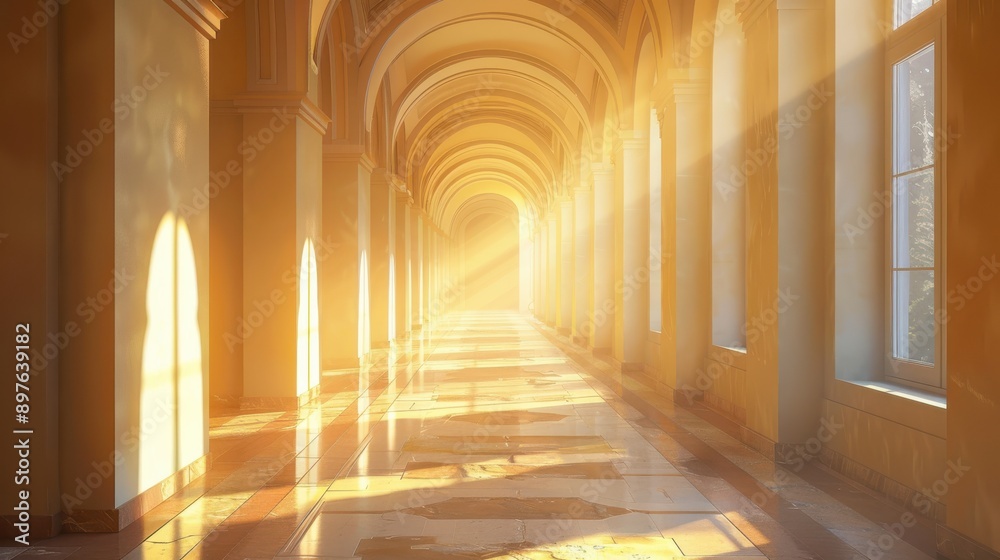 Obraz premium interior corridor with arches sunflare