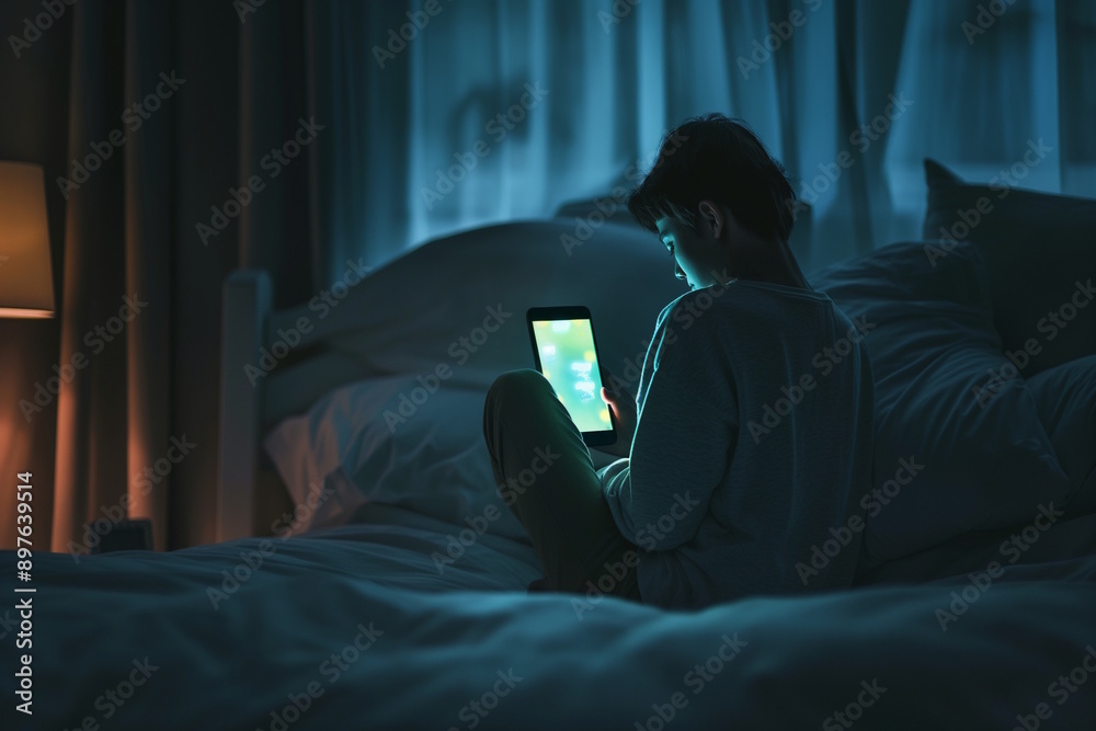 Boy sitting on bed in dark room using tablet, illuminated by screen light, concept of technology addiction and digital age, suitable for mental health awareness and modern technology themes Boy sitting on bed in dark room using tablet, illuminated by screen light, concept of technology addiction and digital age, suitable for mental health awareness and modern technology themes