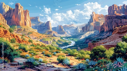 The rugged, untamed beauty of a canyon, with towering, rocky cliffs and a winding river below, framed by a lush, verdant landscape of wildflowers and hardy shrubs Watercolor style, high resolution