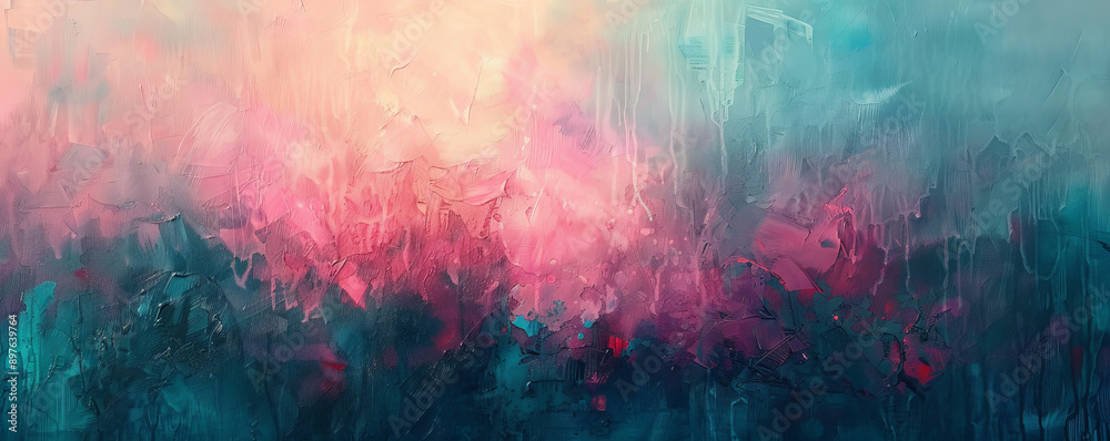 An abstract oil painting featuring a blend of glowing pink and blue textures. The vibrant colors create a dynamic and captivating visual experience, highlighting the unique texture of the oil paint.