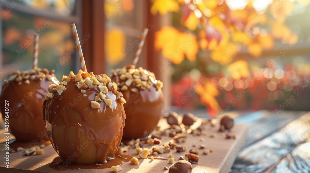 Detailed shot of caramel apples with nuts on rustic table with fall-themed decorations, blurred bright sky, colorful leaves outside window, natural lighting. Thanksgiving crispy weather sweets Detailed shot of caramel apples with nuts on rustic table with fall-themed decorations, blurred bright sky, colorful leaves outside window, natural lighting. Thanksgiving crispy weather sweets