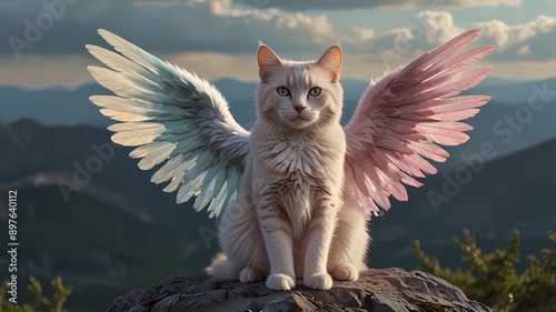 fantacy angel cat has pastel wings on the mountain
