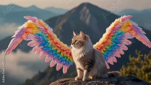 fantacy angel cat has pastel wings on the mountain
