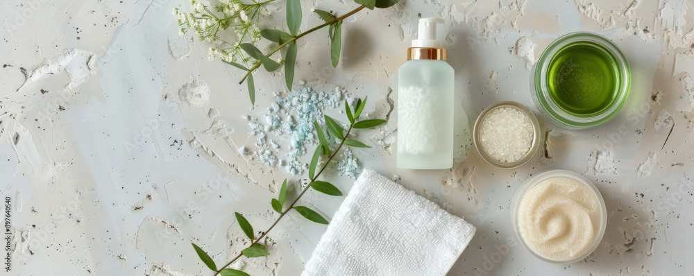 A serene flat lay of spa items, including a facial cleanser, toner, and soft washcloth, artfully placed on a light, textured background. A serene flat lay of spa items, including a facial cleanser, toner, and soft washcloth, artfully placed on a light, textured background.