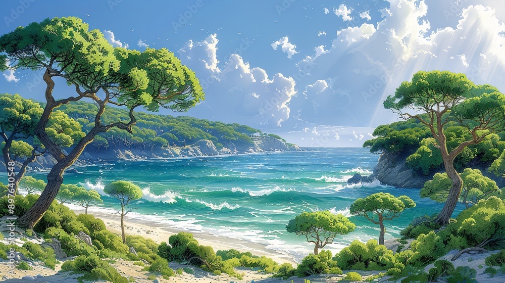 The tranquil beauty of a coastal grove, with verdant trees swaying gently in the ocean breeze, their leaves shimmering in the sun, and waves lapping against the sandy shoreline Watercolor style, high The tranquil beauty of a coastal grove, with verdant trees swaying gently in the ocean breeze, their leaves shimmering in the sun, and waves lapping against the sandy shoreline Watercolor style, high