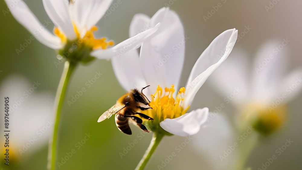 Bee pollinating a flower with white petal Bee pollinating a flower with white petal