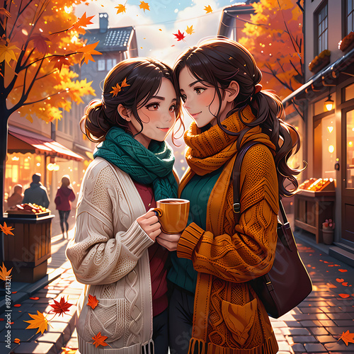 Autumn Leaves Swirling: Cozy Moments in a Crisp Anime City photo