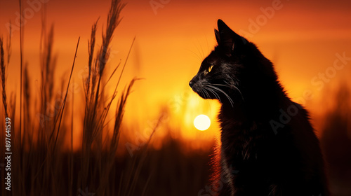 Black wildcat, silhouetted at sunset. Beautiful orange background at sunset.