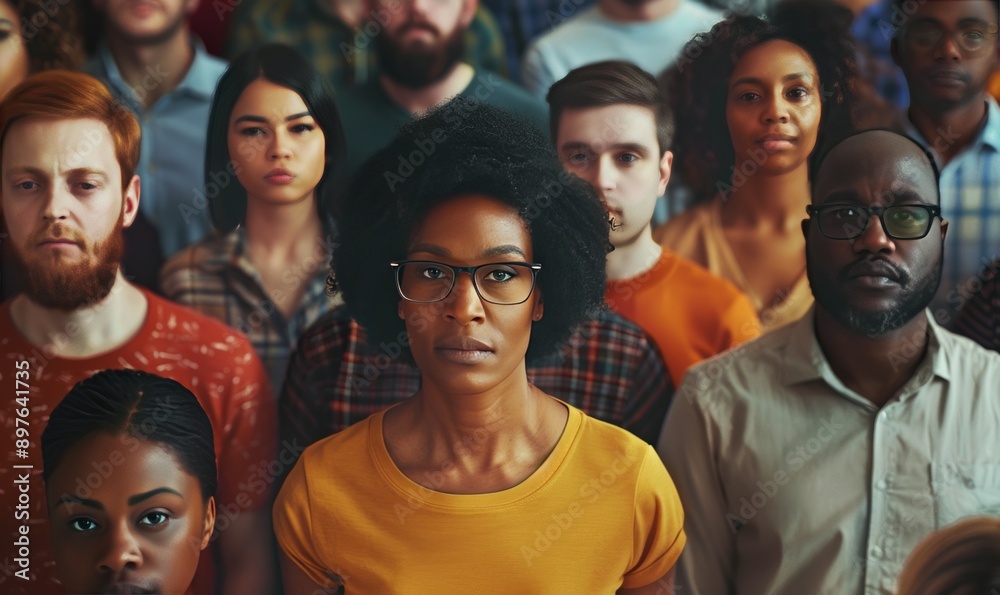 Diverse group of people standing together in solidarity, symbolizing unity and equality in a multicultural society
