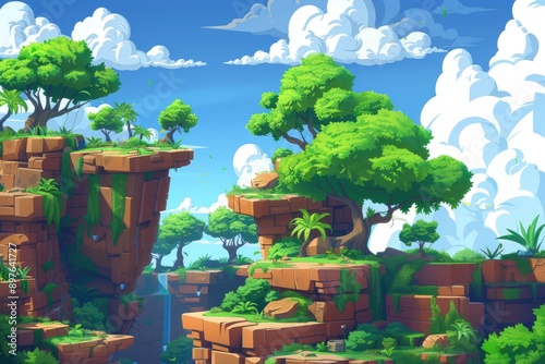 2d video game forest background, arcade play gaming level scene with ground platforms and trees.