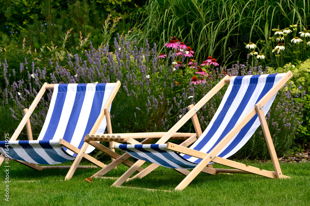 leżaki w biało-niebieskie pasy w ogrodzie, leżaki w ogrodzie, kącik wypoczynkowy z leżakiami, blue and white striped deckchairs in the garden, deckchairs in the garden, empty deck chairs, seating area