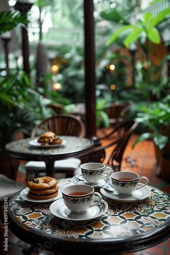 Charming Garden Cafe Ambience: Cozy Setting with Elegant Tea Cups and Pastries on Rustic Tables Amidst Lush Greenery for a Relaxing Retreat photo