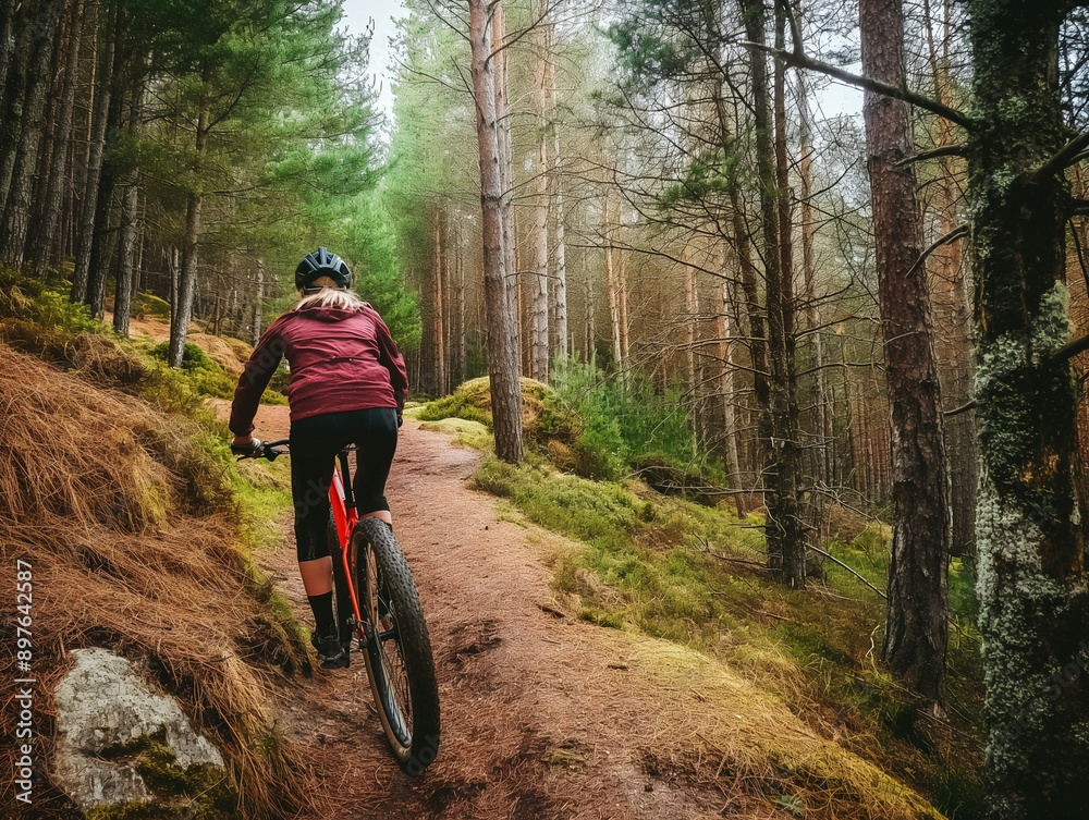 Naklejka premium Mountain Biking Through Forest Trail