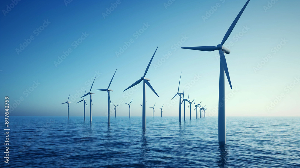 A row of wind turbines rises from the ocean, harnessing renewable energy in a serene offshore setting, symbolizing sustainable innovation and the power of nature.