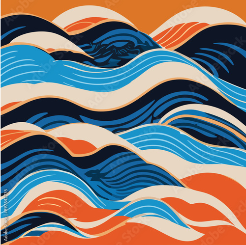 ukiyo-e Japanese painting Nihonga woodblock prints. Waves and island in blue and orange