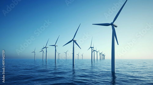 A row of wind turbines rises from the ocean, harnessing renewable energy in a serene offshore setting, symbolizing sustainable innovation and the power of nature.