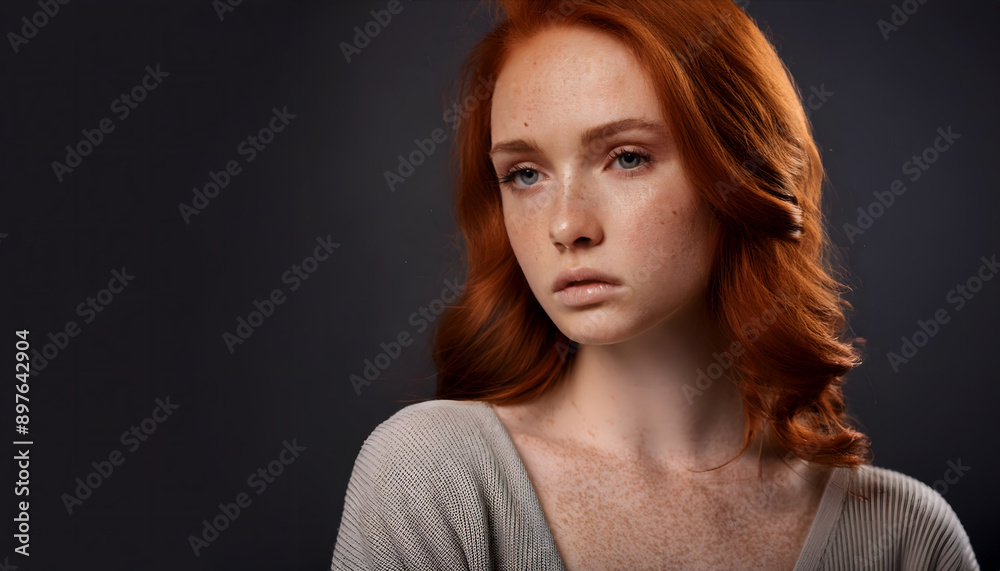 Sensual redhead girl with freckles. Close-up view, isolated on dark background; copyspace Sensual redhead girl with freckles. Close-up view, isolated on dark background; copyspace