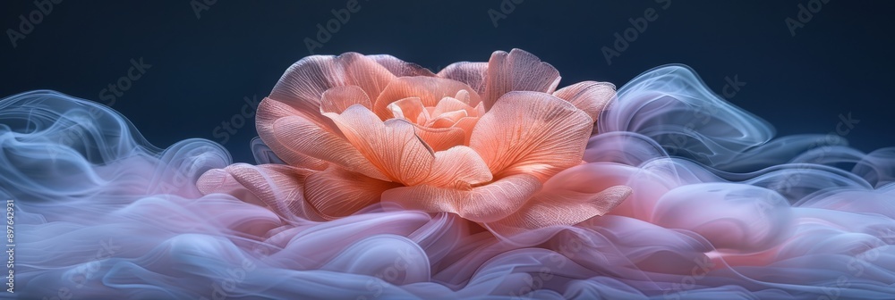A beautiful photo of a peach blossom in pink smoke on a dark background, capturing beauty and serenity A beautiful photo of a peach blossom in pink smoke on a dark background, capturing beauty and serenity