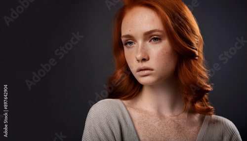 Sensual redhead girl with freckles. Close-up view, isolated on dark background; copyspace