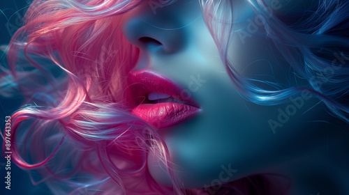 Close-up of woman with vibrant pink and blue hair and red lips in neon-lit setting. Concept of beauty, fashion, and self-expression.