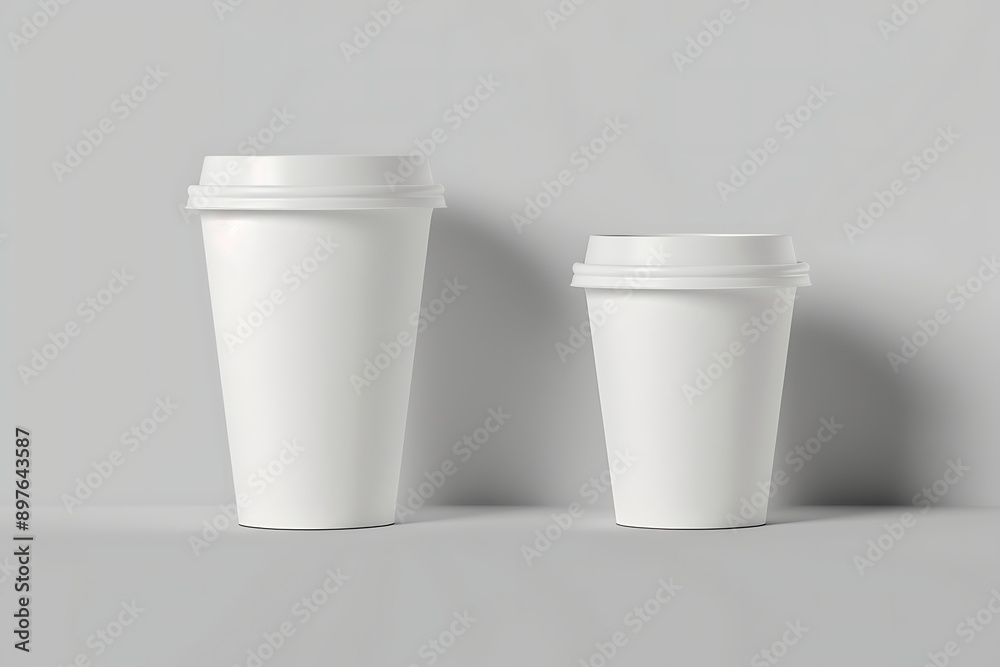 White blank paper coffee cup with lid mockup template on grey background, top view shot White blank paper coffee cup with lid mockup template on grey background, top view shot