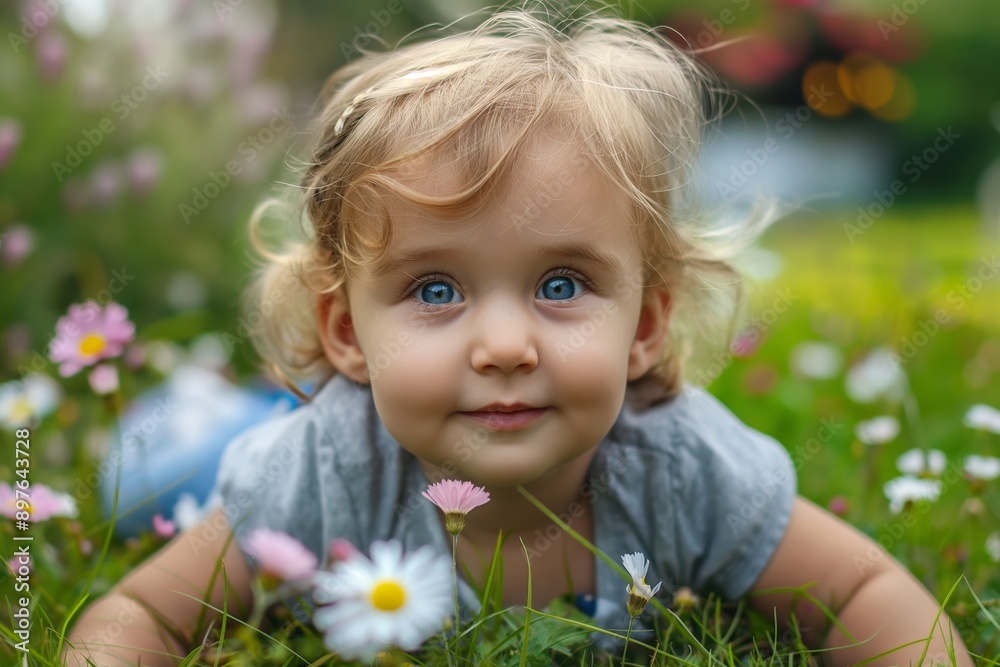 A joyful toddler with blue eyes lying in a flower-filled meadow, surrounded by daisies and greenery. A joyful toddler with blue eyes lying in a flower-filled meadow, surrounded by daisies and greenery.