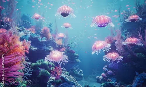 Surreal underwater scene with luminescent sea creatures and floating coral reefs, capturing a fantastical world