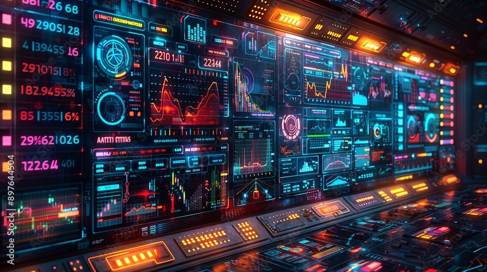 Naklejka premium Cyber and responsive background showcasing a digital interface with real-time algorithmic trading data, symbolizing the efficiency and intelligence of modern financial technology and AI-driven
