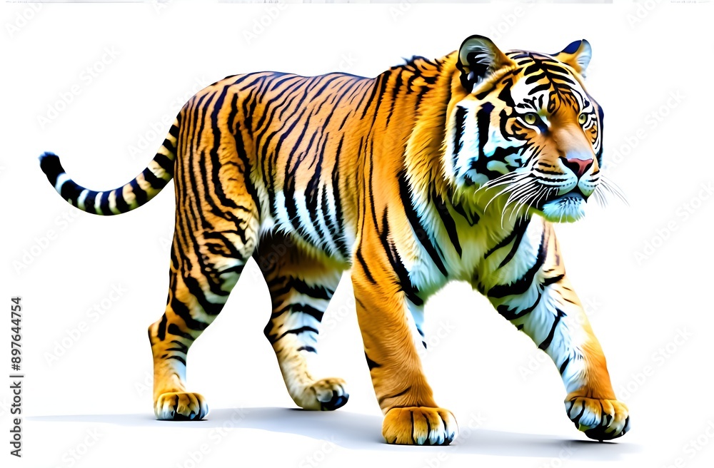 Naklejka premium Tiger walking, wild animal, white background, beautiful tiger 