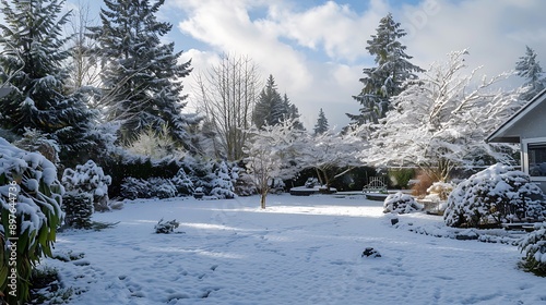 Backyard with trees and lawn with snow after a record breaking snowstorm in washington