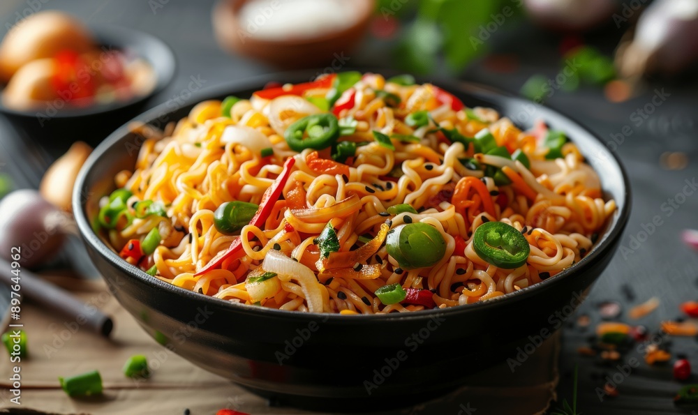 Bowl of instant noodles with pepper and onion on table, Asian food Bowl of instant noodles with pepper and onion on table, Asian food