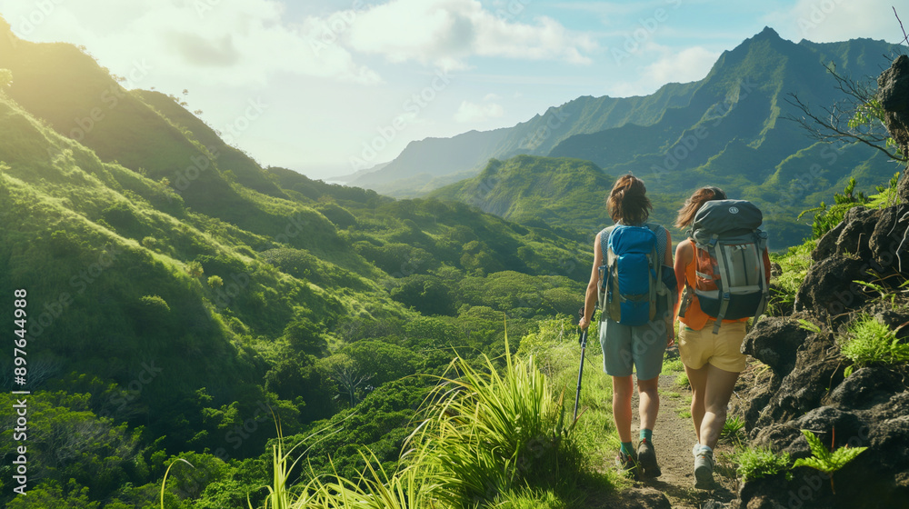 Obraz premium Adventurous Couple Hiking Through Lush Mountain Landscape Under Clear Blue Sky. Copyspace