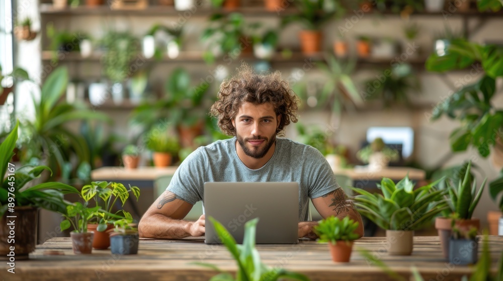 A man sits at a wooden table, working on a laptop, surrounded by various potted plants A man sits at a wooden table, working on a laptop, surrounded by various potted plants