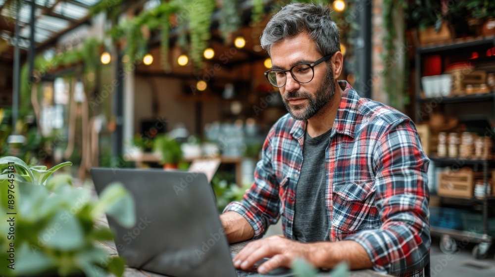 A man with glasses sits at a table, typing on his laptop in a greenhouse setting A man with glasses sits at a table, typing on his laptop in a greenhouse setting
