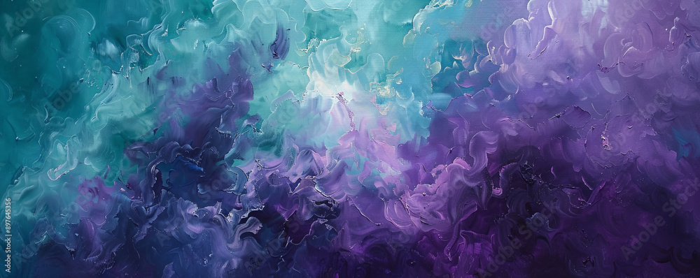An abstract oil painting with luminous purple and teal textures. The glowing colors blend harmoniously, creating a dreamy and ethereal composition that emphasizes the depth of the oil paint texture. An abstract oil painting with luminous purple and teal textures. The glowing colors blend harmoniously, creating a dreamy and ethereal composition that emphasizes the depth of the oil paint texture.