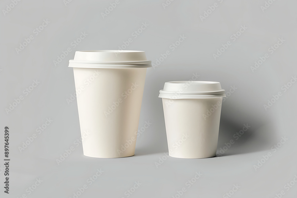 White blank paper coffee cup with lid mockup template on grey background, top view shot White blank paper coffee cup with lid mockup template on grey background, top view shot