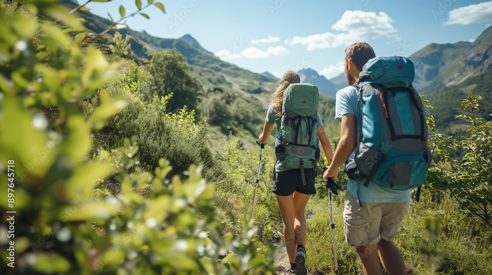 Adventurous Couple Hiking Through Lush Mountain Landscape Under Clear Blue Sky. Copyspace Adventurous Couple Hiking Through Lush Mountain Landscape Under Clear Blue Sky. Copyspace